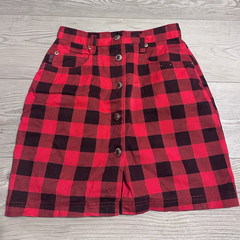 Vintage SOHO Red Black Plaid Button-Front Denim Jean Mini Skirt, Size 5/6